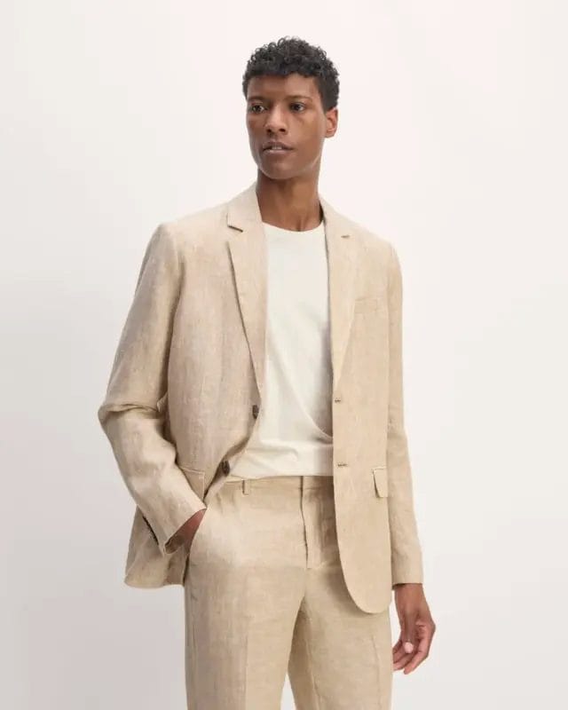 model wearing everlane linen blazer for men