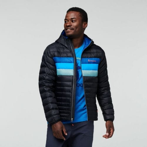Cotopaxi Men's Fuego Hooded Down Jacket in Black/Pacific Stripes | Size 2XL