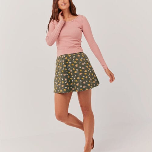 Women's Tossed Floral Green Fit & Flare Mini Skirt XS