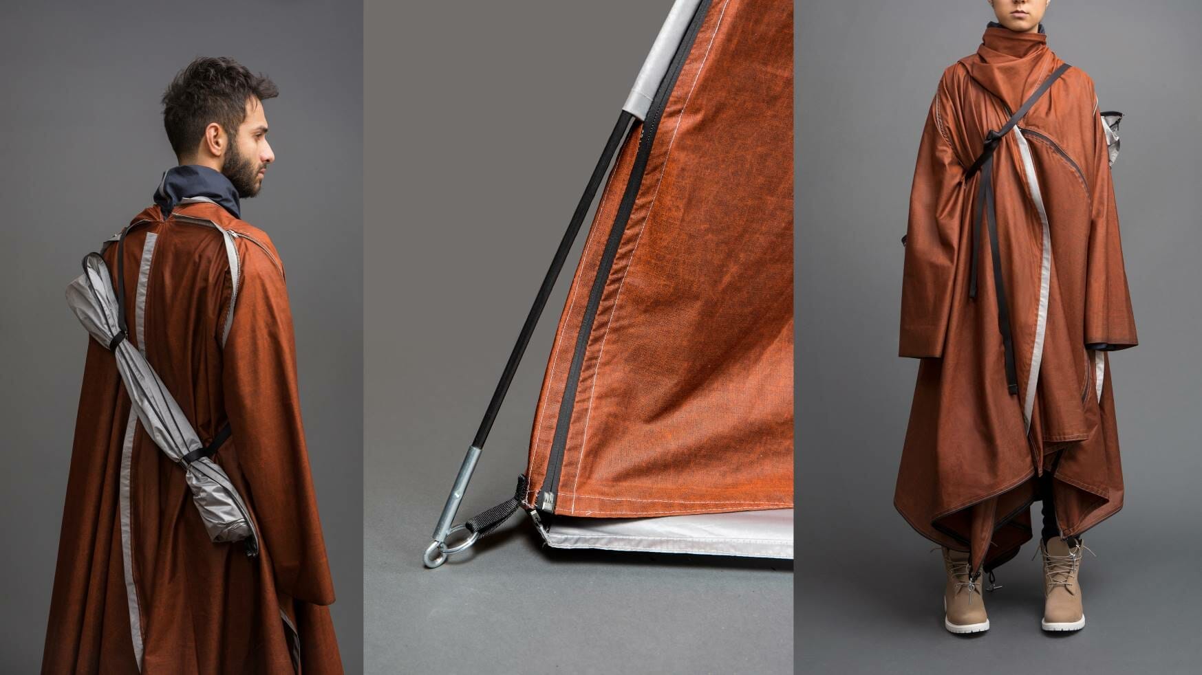 Orange trench coat that converts into a tent from ADIFF