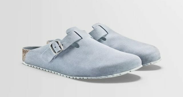 Koio slip on clog style shoes in baby blue suede with a recycled cork and rubber sole