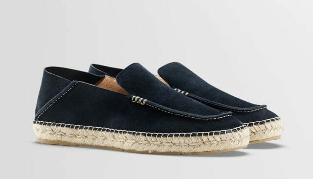 Koio Sustainable sourced suede slip on shoes with a woven espadrille sole