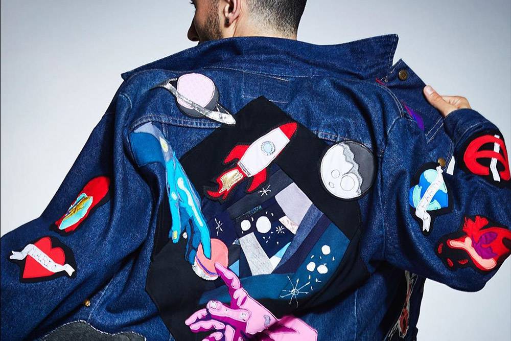 upcycled cloting Patchworked jean jacket by zero waste daniel