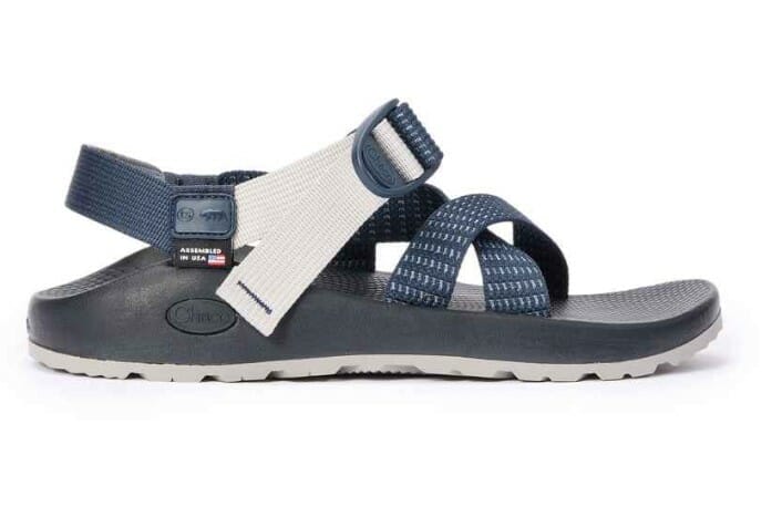 sustainable summer shoes blue and grey strappy sandal by chaco and taylor stitch