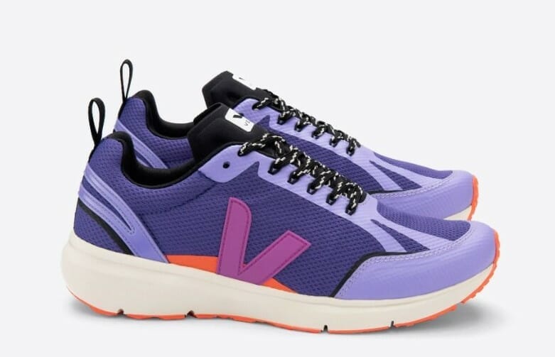 ethical summer shoes the purple, orange, white, and black lace up sneakers by veja