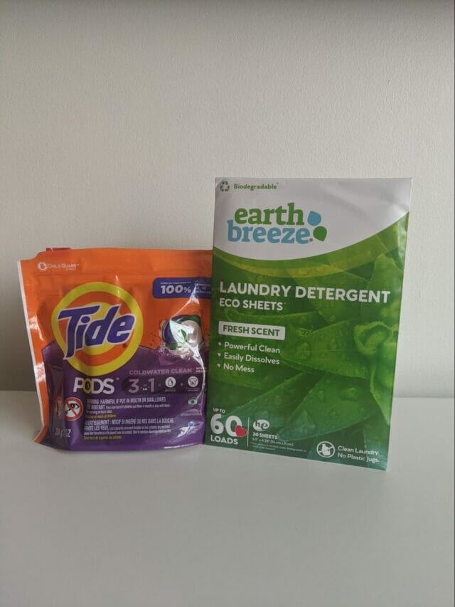 Tide pods bag next to earth breeze eco laundry sheets