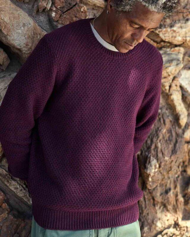 sustainable mariner sweater for men by Outerknown in plum