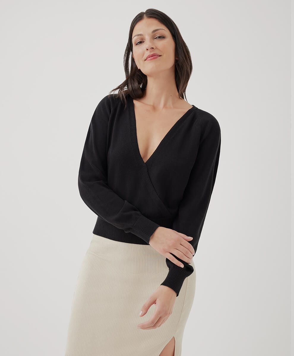 Women's Black Classic Fine Knit Wrap Sweater | Eco-Stylist