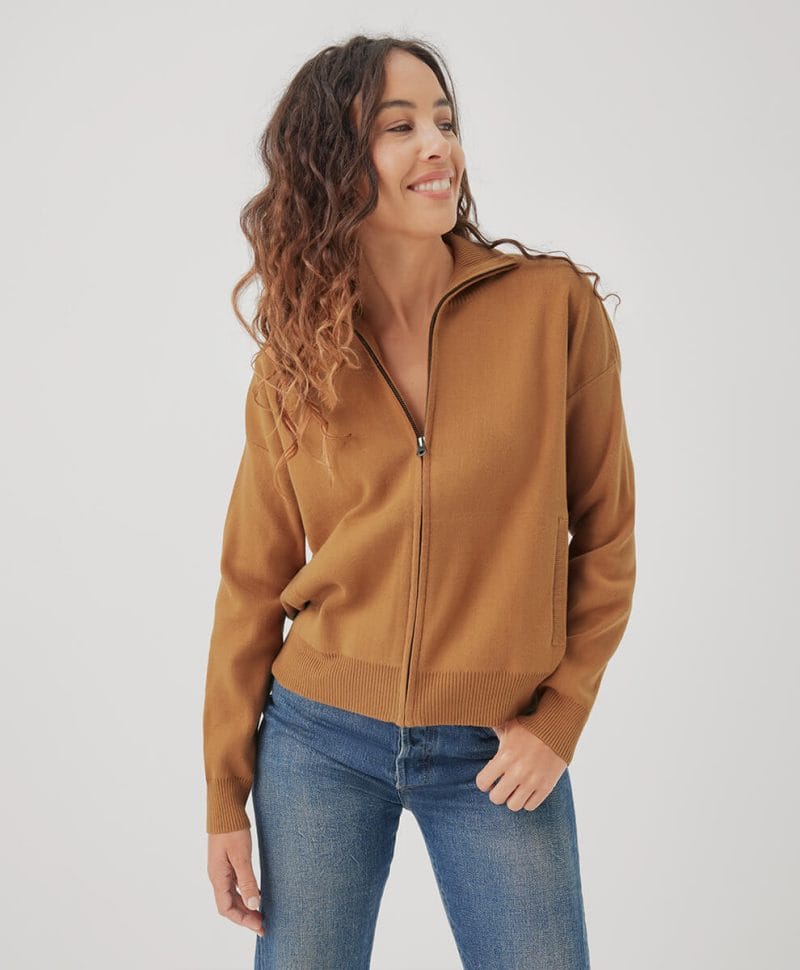 Women's Camel Classic Fine Knit Zip Front Sweater L