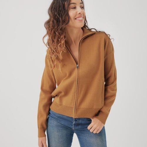 Women's Camel Classic Fine Knit Zip Front Sweater L