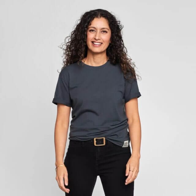 A model showcasing AlterX Co.'s grey T-shirt