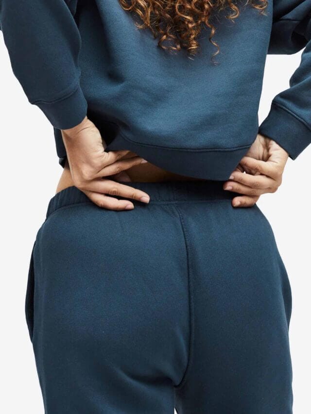 model wearing blue loungewear sweatset by MATE the label