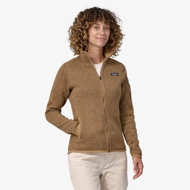 A model showcasing Patagonia's brown jacket