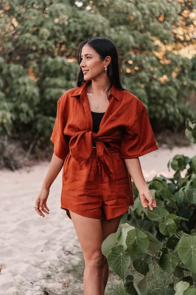 A model showcasing Zone by Lydia's natural fiber hemp clothing