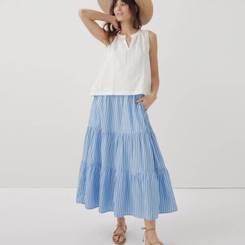 Women's Blue Bondi Stripe Sunset Light Gauze Tiered Skirt L