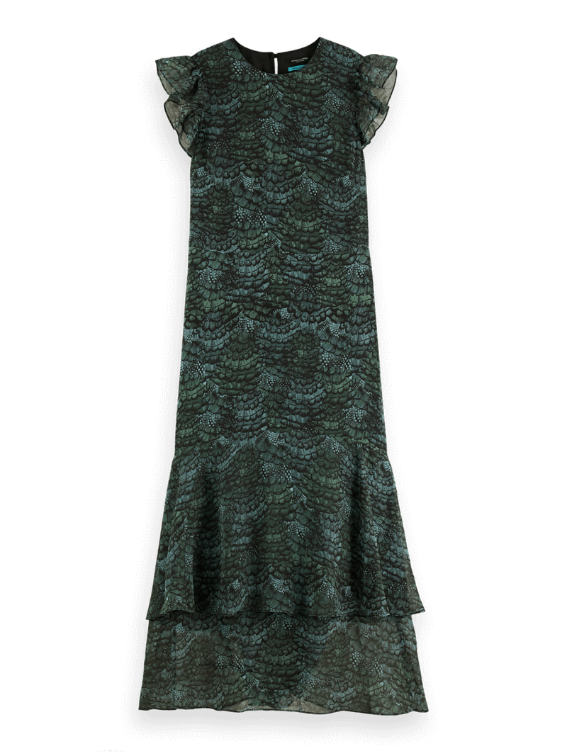 Women's Feather Printed Midi Flounce Dress | Green | Size 40 | Scotch & Soda