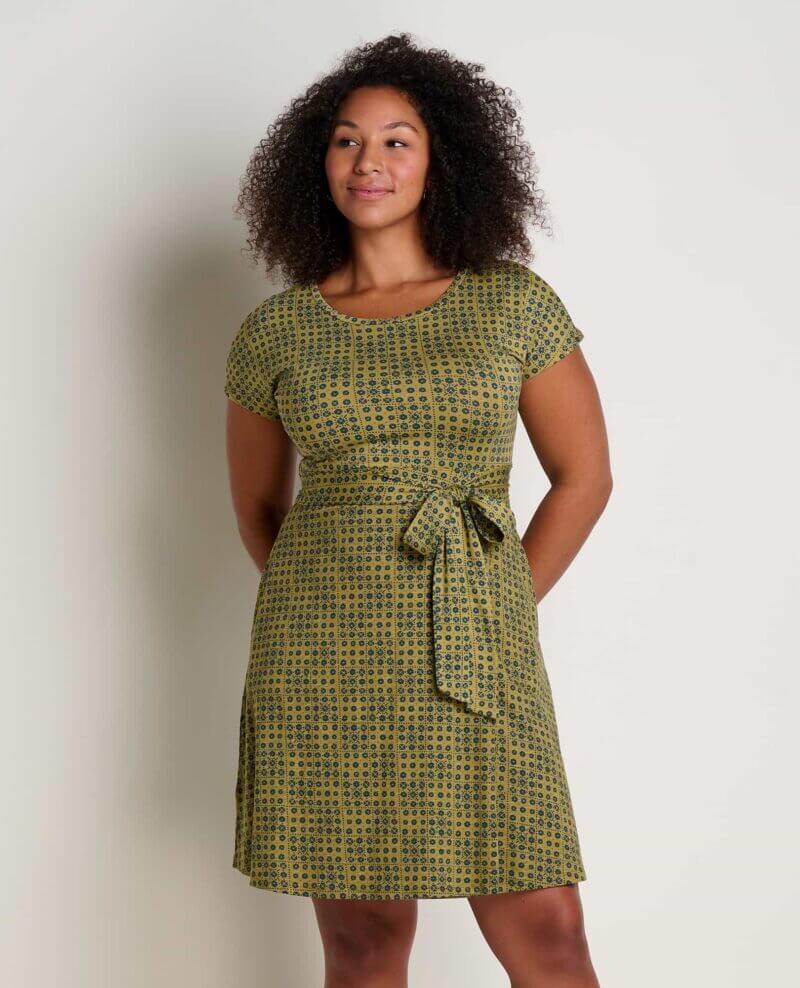 Cue Wrap Short Sleeve Dress Green Moss Geo Print / XS