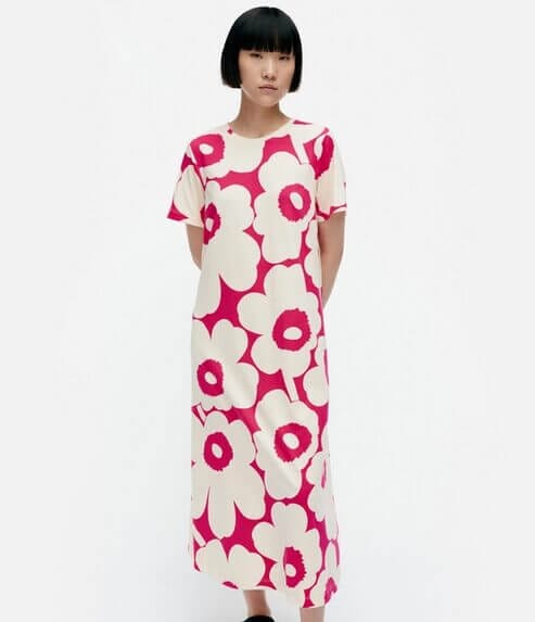 A model showcasing Marimekko's patterned dress