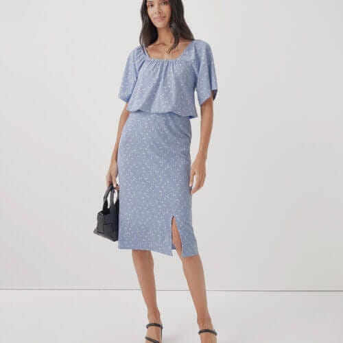 Women's Cornflower Blue Blossoms Luxe Jersey Skirt L