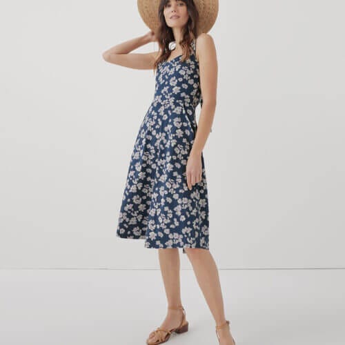 Women's French Navy Shoreline Floral Fit & Flare Tie-Back Dress 3XL