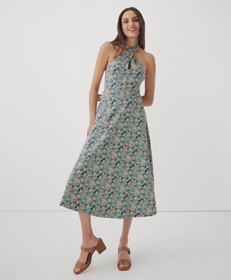 Women's Shadow Floral Spruce Fit & Flare Modern Halter Dress 2XL