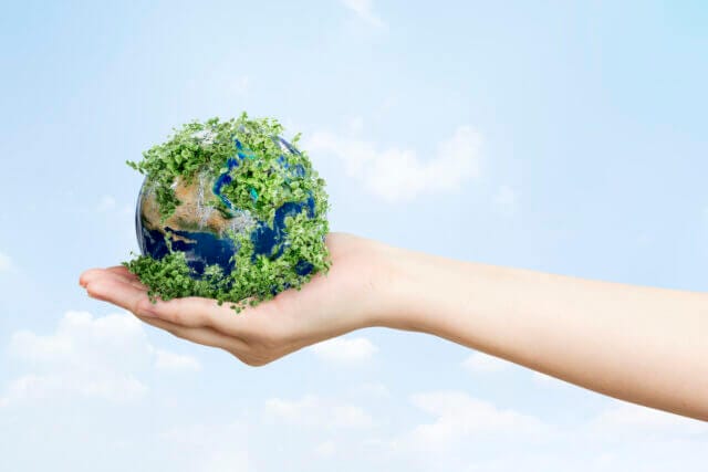 A hand stands on a blue sky. It has the earth surrounded by leaves in the palm.