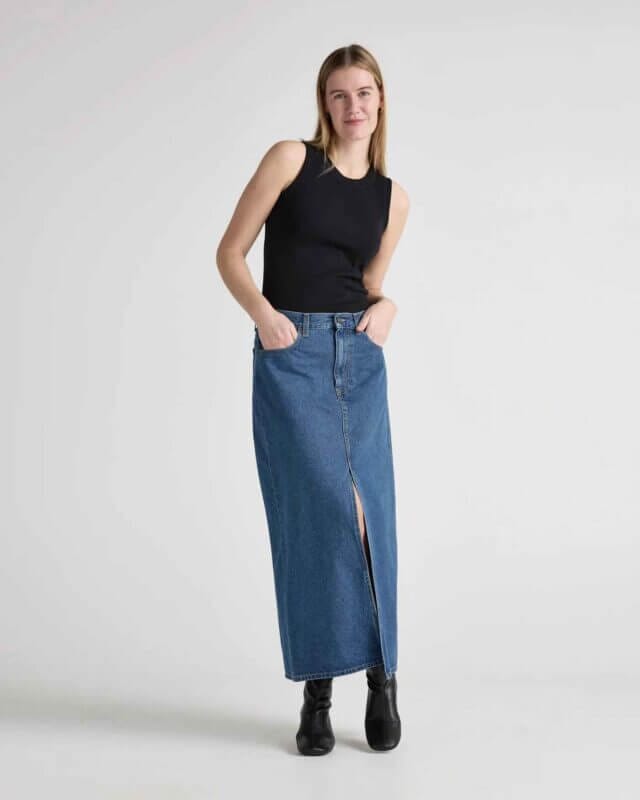 ethical denim, ethical skirt, sustainable denim skirt, long skirt