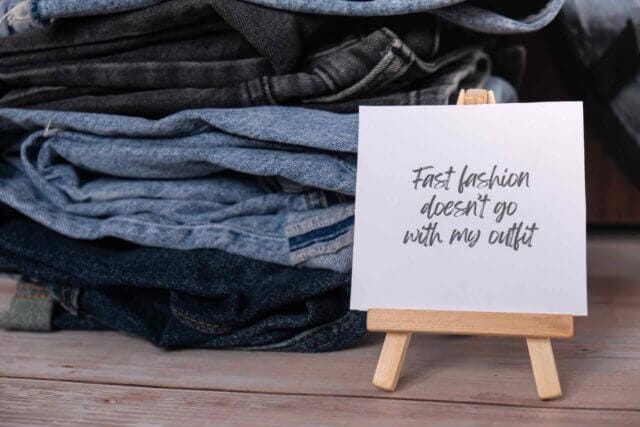 sign reads fast fashion doesn't go with my outfit