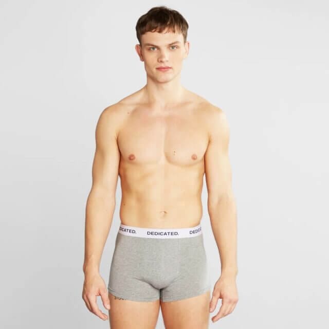 A tall young man is wearing a light grey boxer brief made with organic cotton by Dedicated.