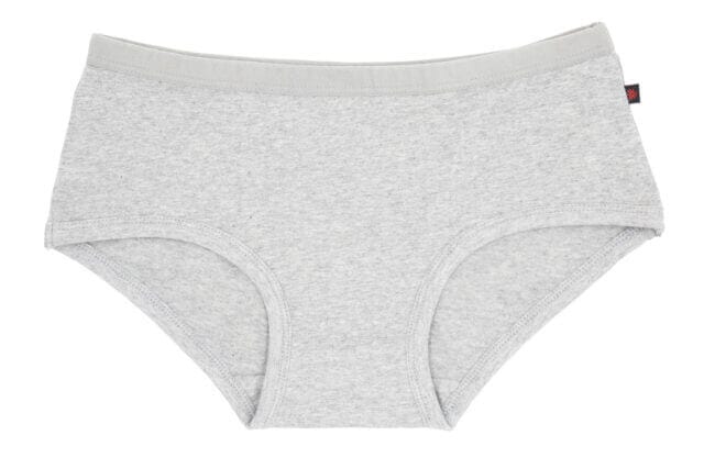 A pair of a light grey bikini style underwear made with organic cotton by Etiko.