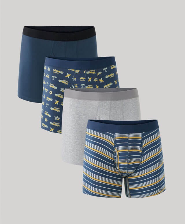 Everyday boxer brief 4-Pack in four different patterns made with organic cotton by Pact.