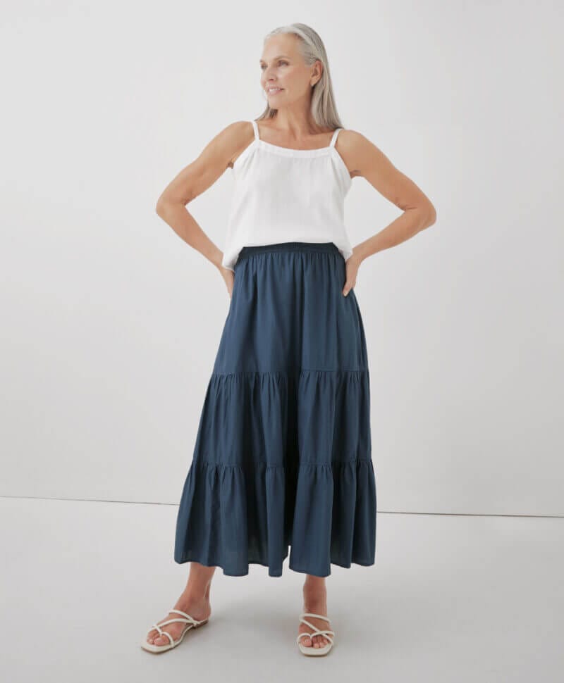 Women's French Navy Sunset Light Gauze Tiered Skirt XS