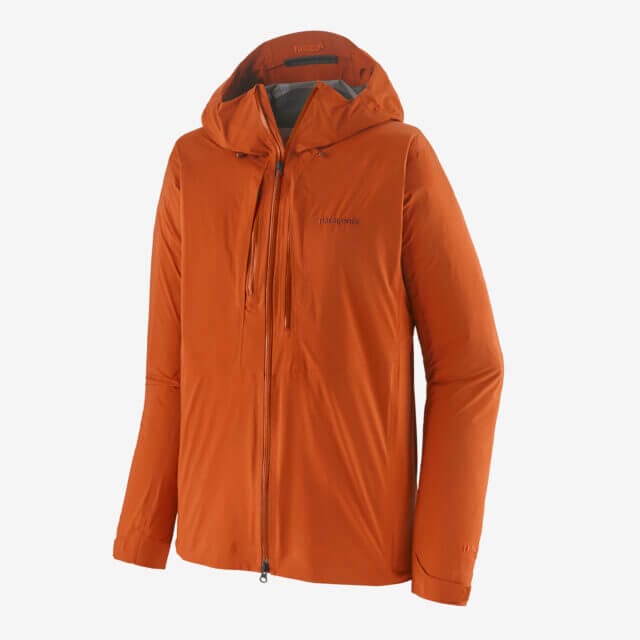 non toxic clothing brands: chemical free waterproof orange outerwear M10 Storm jacket by patagonia