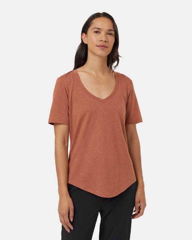 women's V-neck burnt orange organic t-shirt. Tentree offers ethical non toxic chemical free clothes and plants ten trees with every purchase