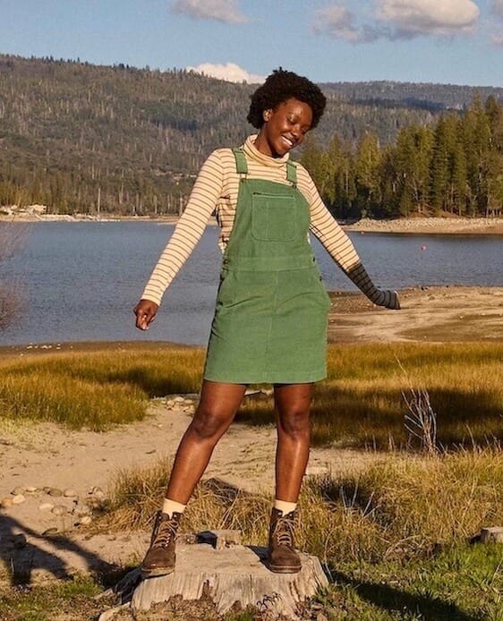 Toad&Co sustainable and ethical greed dungaree dress