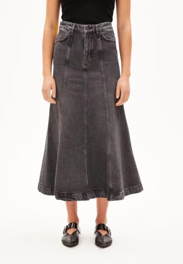 High quality eco-friendly sustainable midi denim skirt in washed black grey for her