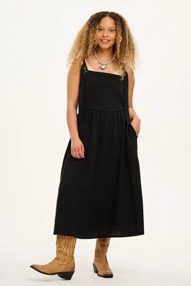 Organic sustainable high quality eco friendly black midi adjustable strap dress for her