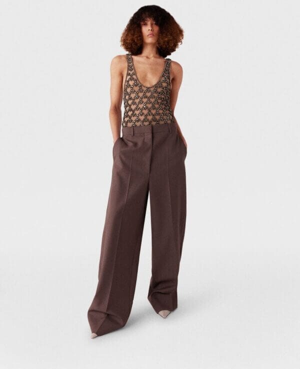 Luxurious long lasting sustainable environmentally friendly pleated tailored wide leg brown trousers for her