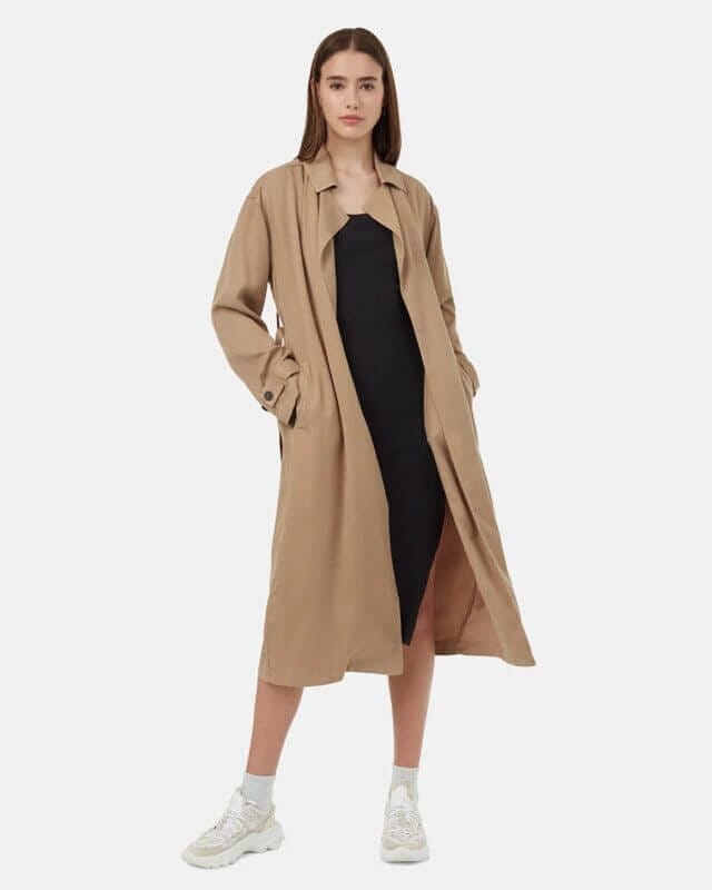 Classy chic sustainable elegant mid length trench coat