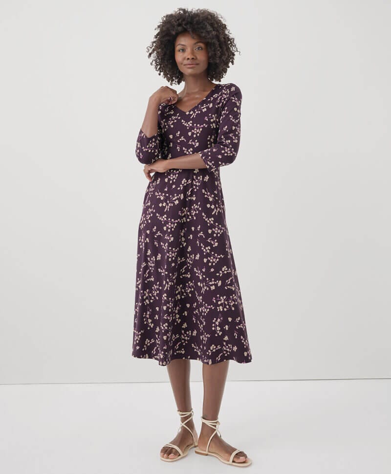 Women's Scattered Sprigs Plum Fit & Flare Party Midi Dress H3