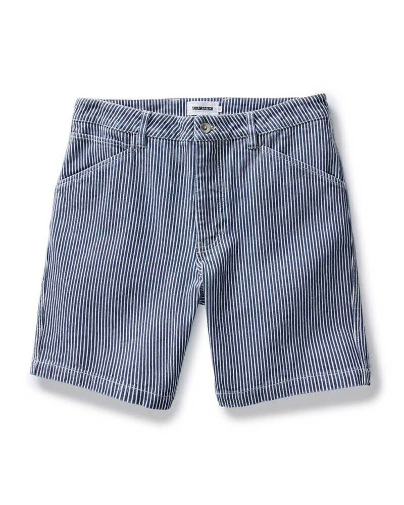 The Camp Short in Indigo Railroad Stripe Denim