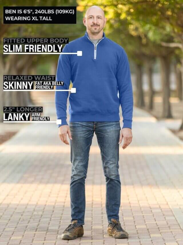 Just Tall's quarter zip jumper with labels of why it is suited for tall guys.