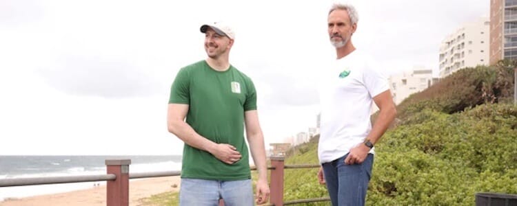 Two men modelling the graphic t-shirts designed for tall men.