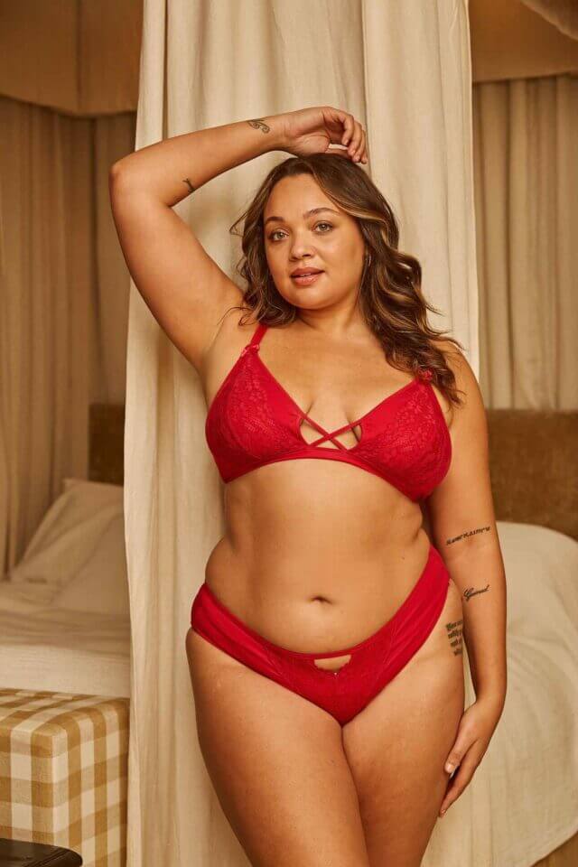 Woman wearing a passion red JulieMay underwear set