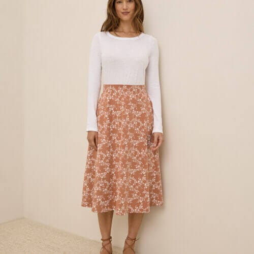 Women's Bouquet Blooms Ochre Fit & Flare Midi Skirt L