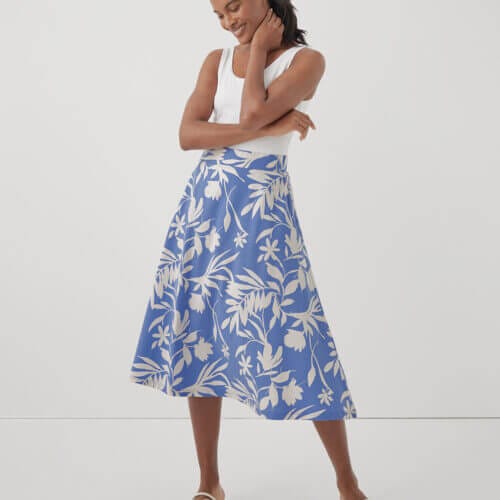 Women's Tropical Palm Wedgewood Fit & Flare Midi Skirt XS