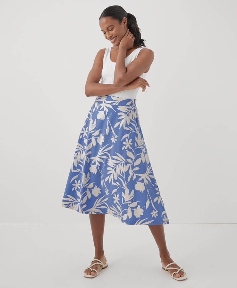 Women's Tropical Palm Wedgewood Fit & Flare Midi Skirt XS