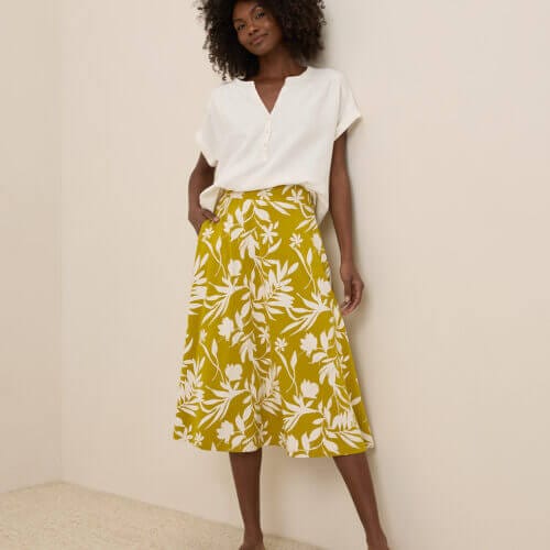 Women's Tropical Palms Chartreuse Fit & Flare Midi Skirt S