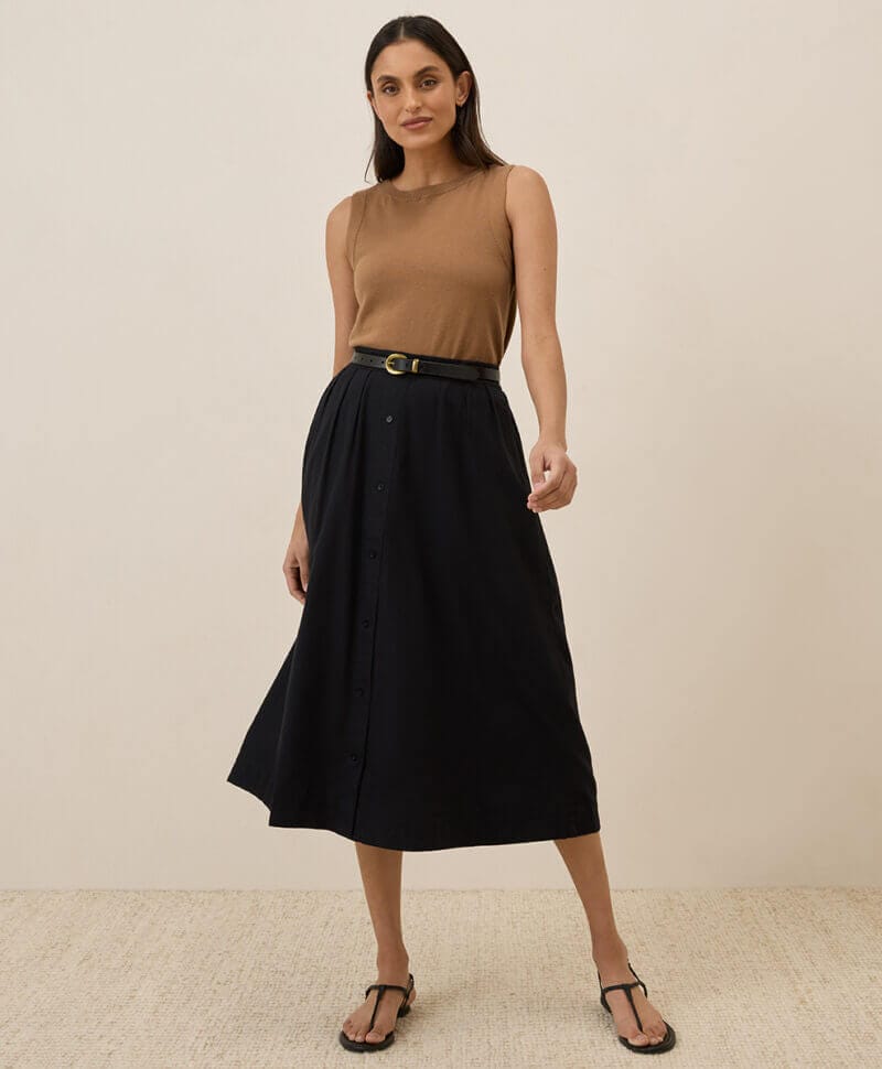 Women's Black Sunset Lightweight Cotton Button Skirt XS