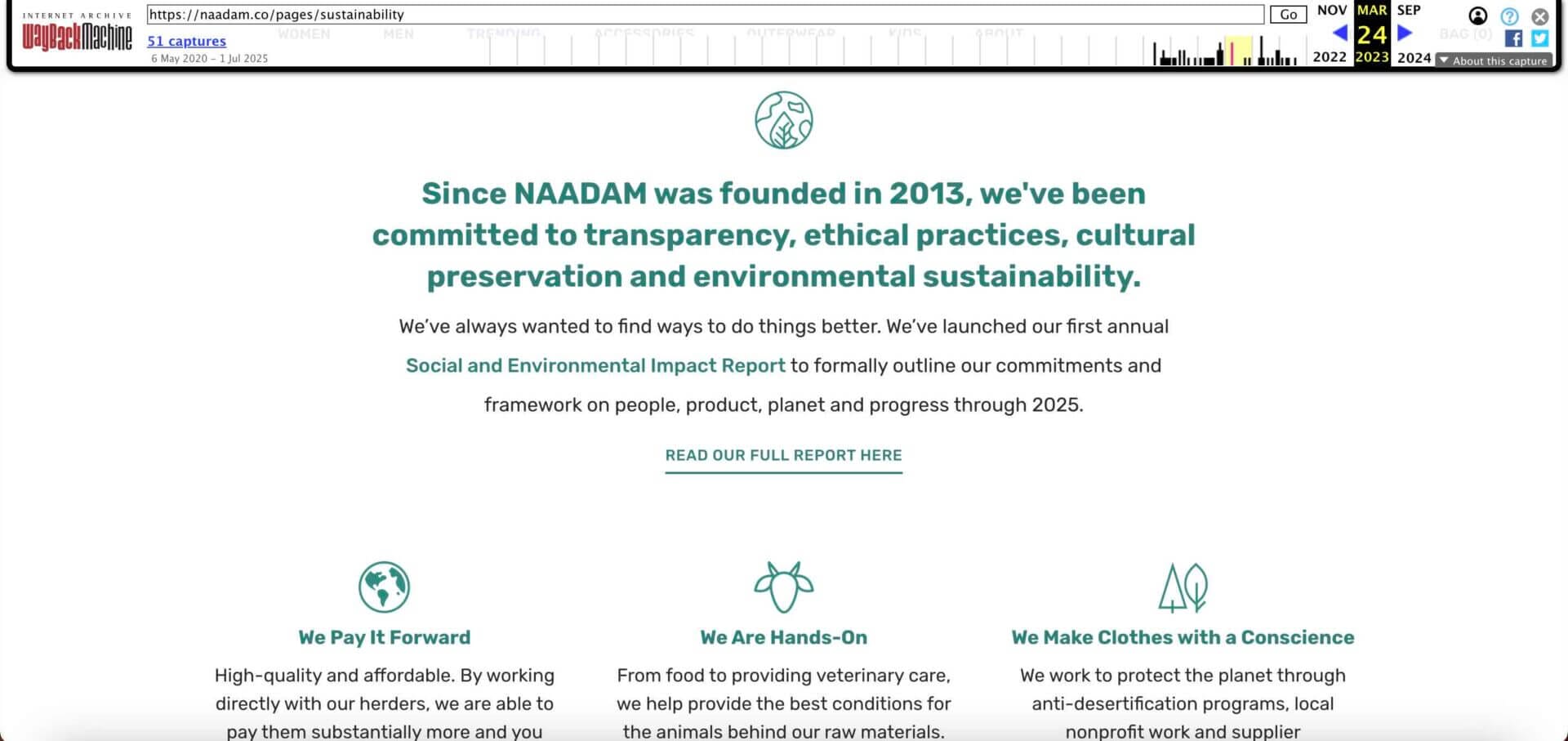 Screenshot of Naadam's Sustainability Page in 2023 courtesy of Wayback Machine